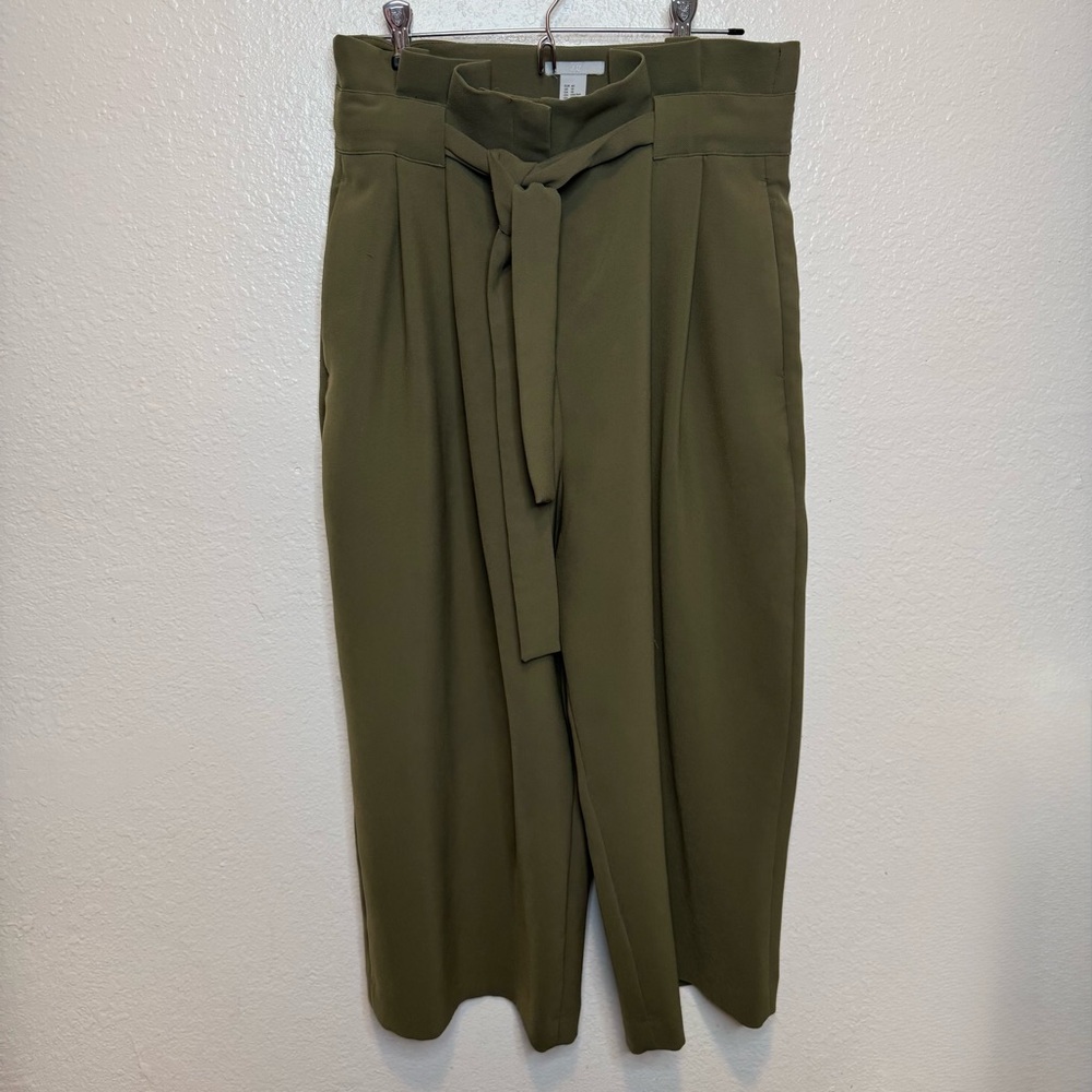 H&M Paper Bag Waist with Tie Wide Leg Army Green Dress Pants Size 10